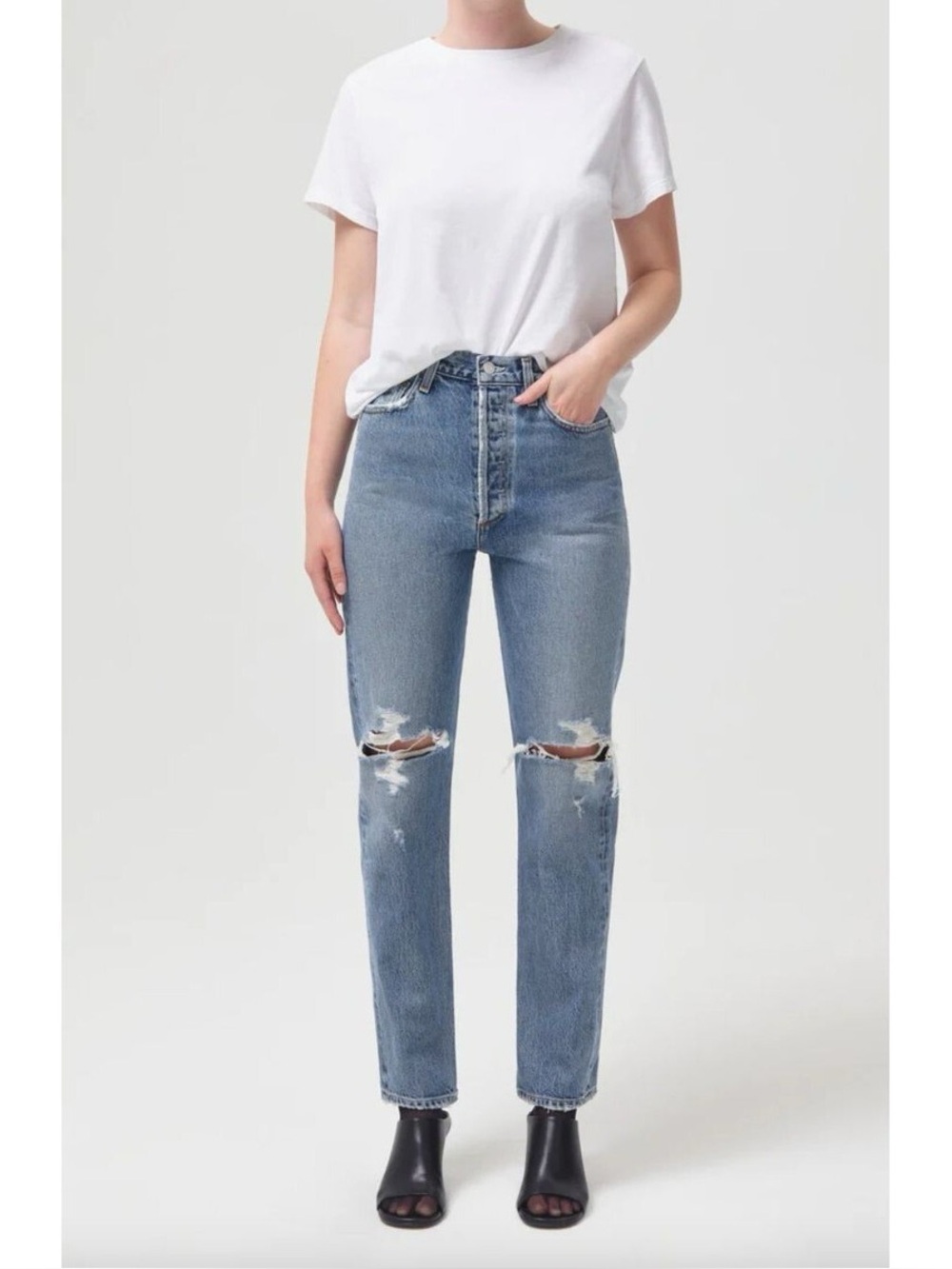 AGOLDE 90's Pinch High Rise Jeans 25 Distressed Ripped Knees Button Fly Denim